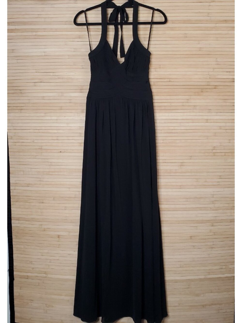NWT BCBG Maxazria Striking Long Cocktail Dress Black Size S Formal ruched gown
